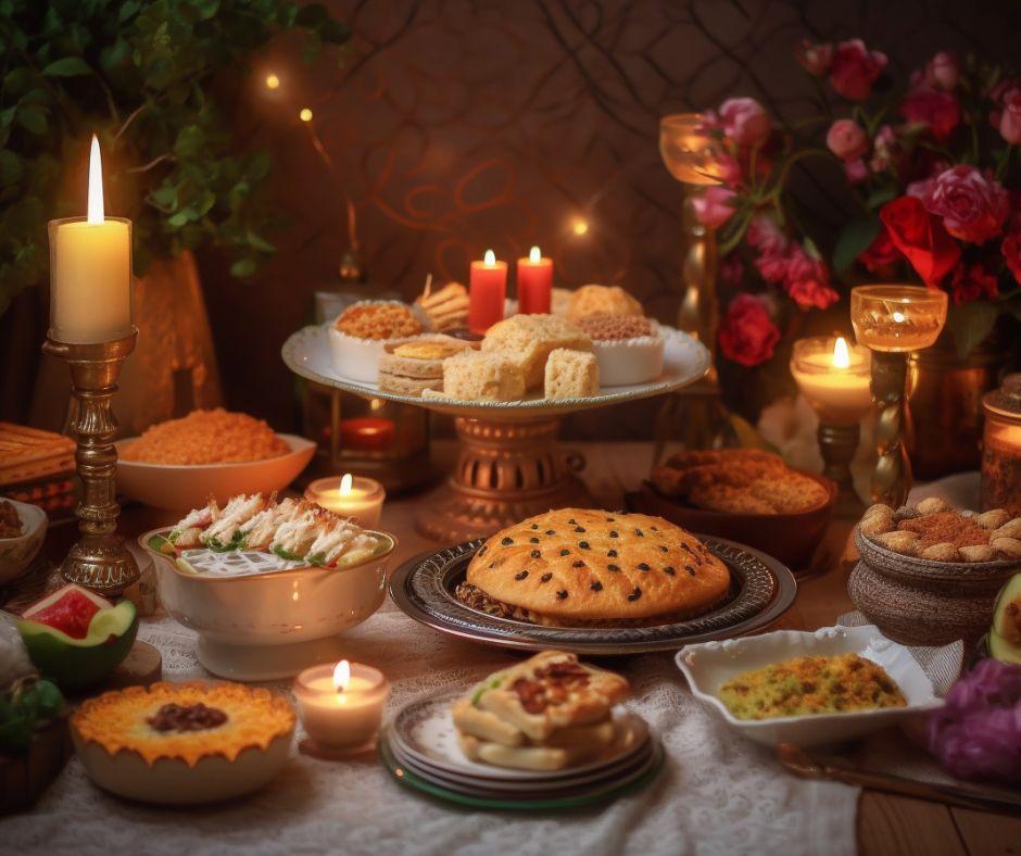 table with various Christmas foods and dishes on it